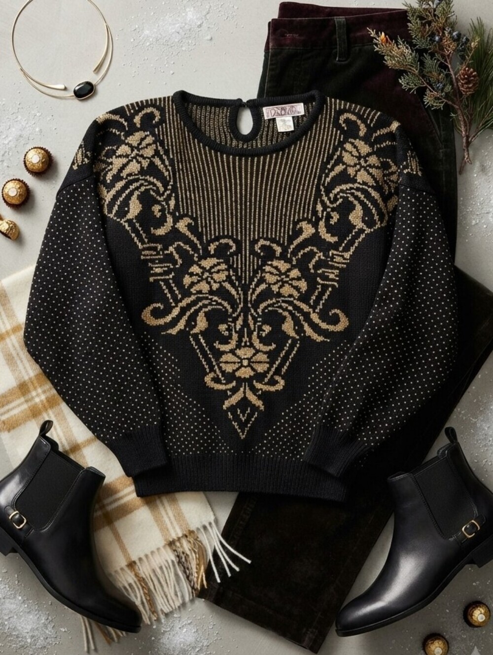 Vintage Lindsey Blake Black Metallic Gold Knit Long Sleeve Sweater